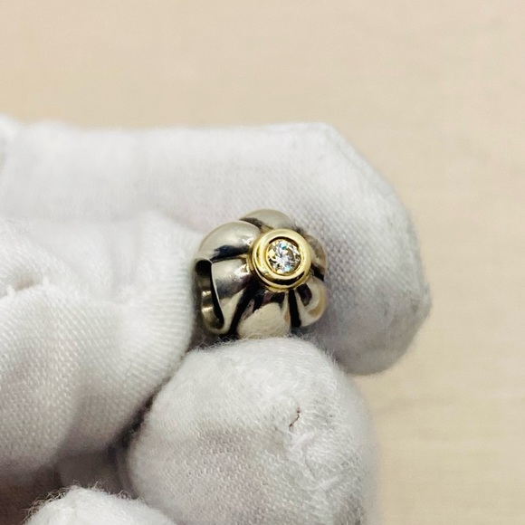 EUC Pandora 790402CZ Sterling Silver w/ 14k Yellow Gold Blooming Dangle w/ Pearl - Picture 5 of 7